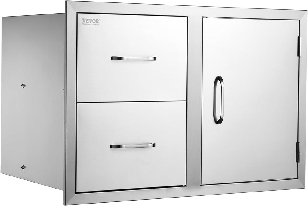 VEVOR Outdoor Kitchen Door Drawer Combo, 32.5'Wx21.7'Hx20.5'D, Access Door Double Drawers with Paper Towel Rack, BBQ Island Drawers with Stainless Steel Handles, 30.7'Wx20'Hx21'D Cutout Size