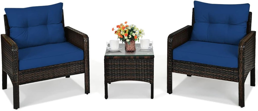 COSTWAY 3PCS Patio Furniture Set, Outdoor Wicker Cushioned Sofa Set with Coffee Table, All Weather Rattan Conversation Set for Garden Balcony Backyard Poolside Lawn, Navy