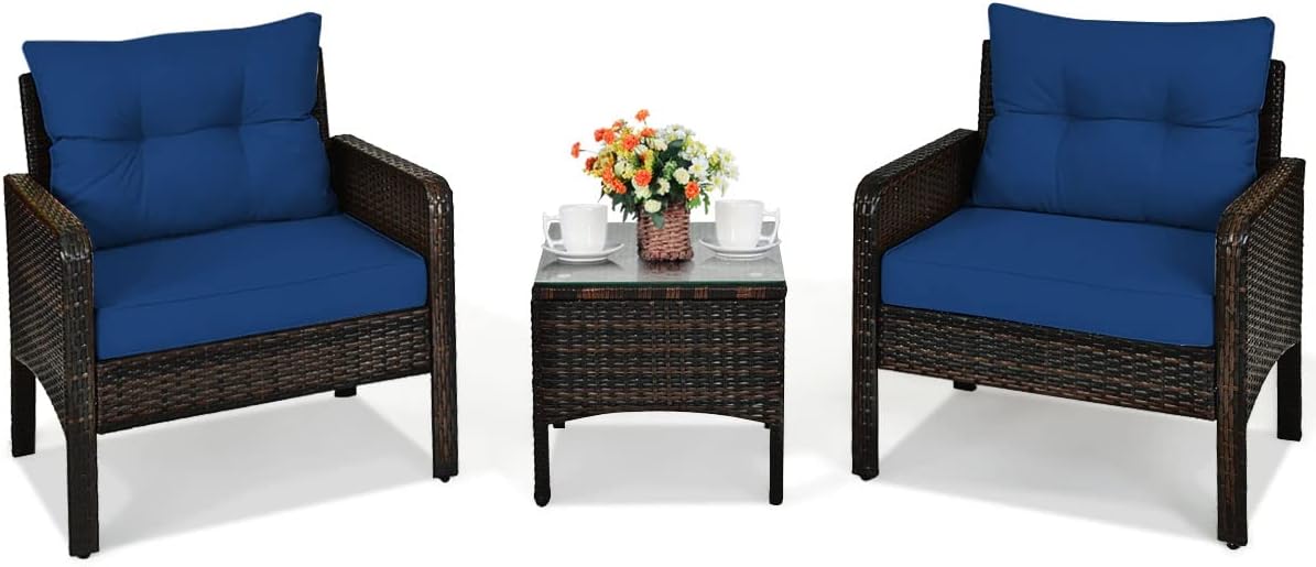 COSTWAY 3PCS Patio Furniture Set, Outdoor Wicker Cushioned Sofa Set with Coffee Table, All Weather Rattan Conversation Set for Garden Balcony Backyard Poolside Lawn, Navy