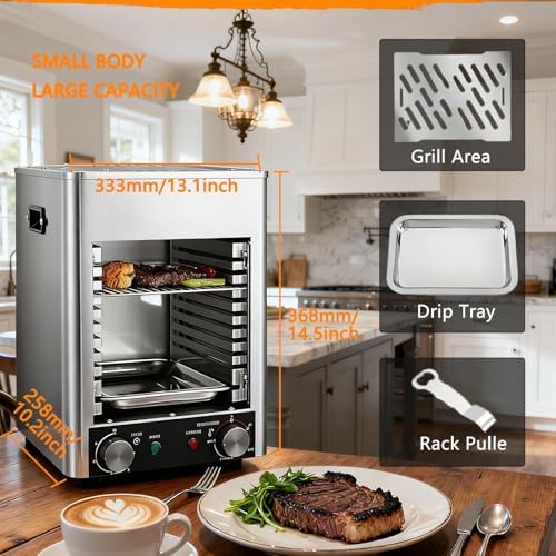 1700W Electric Steak Grill - Indoor Smokeless Broiler, Stainless Steel with 10-Tier Adjustable Rack, Versatile Kitchen Countertop Cooker for BBQ, Toast, Pizza & More