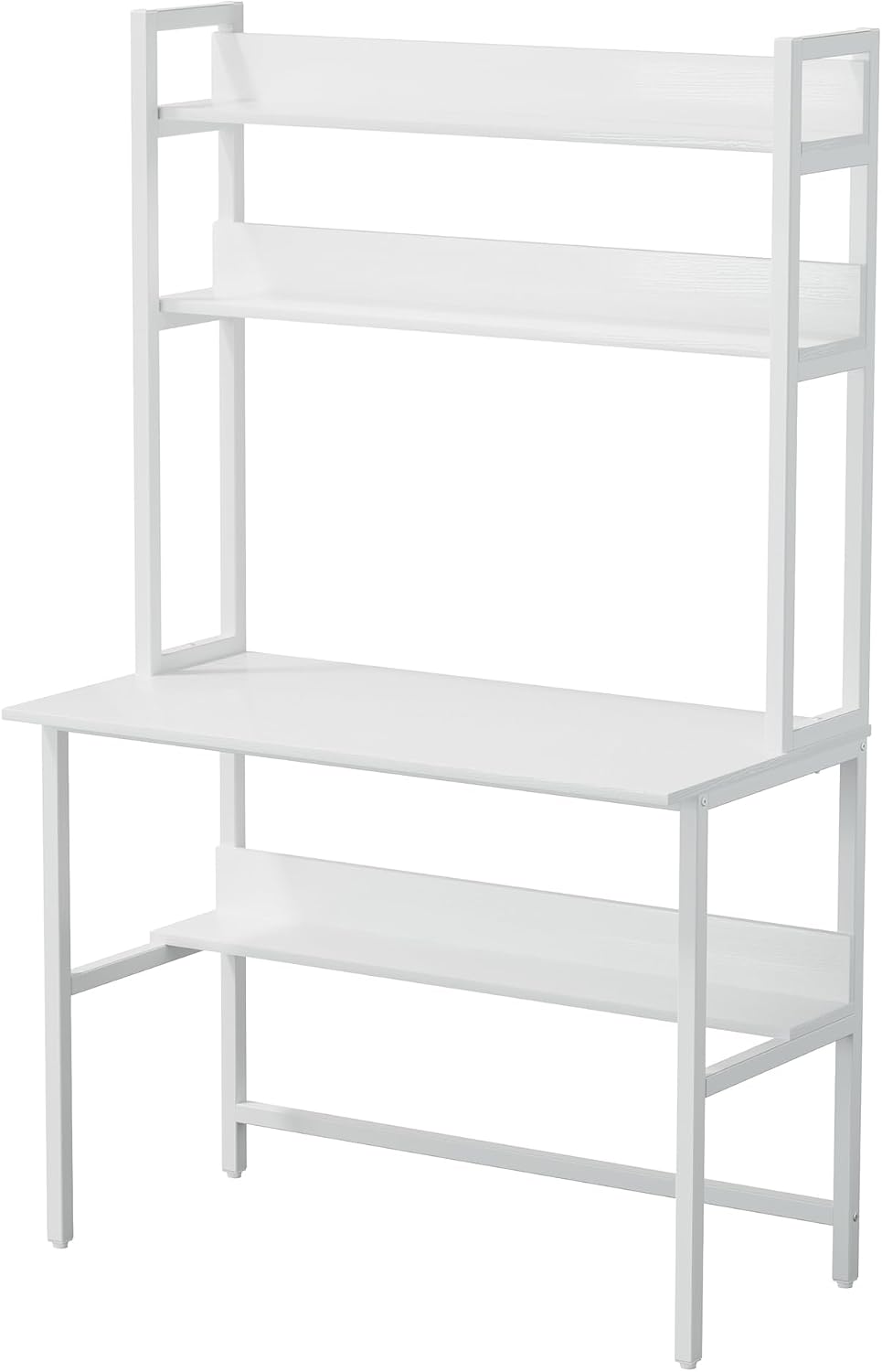 Aquzee Computer Desk with Hutch, 40'W x 19.6' D Desk with Shelves, Tall Home Office Desk with Bookshelf, Metal Legs Study Table with Upper Storage Shelf for Study Writing/Workstation, White