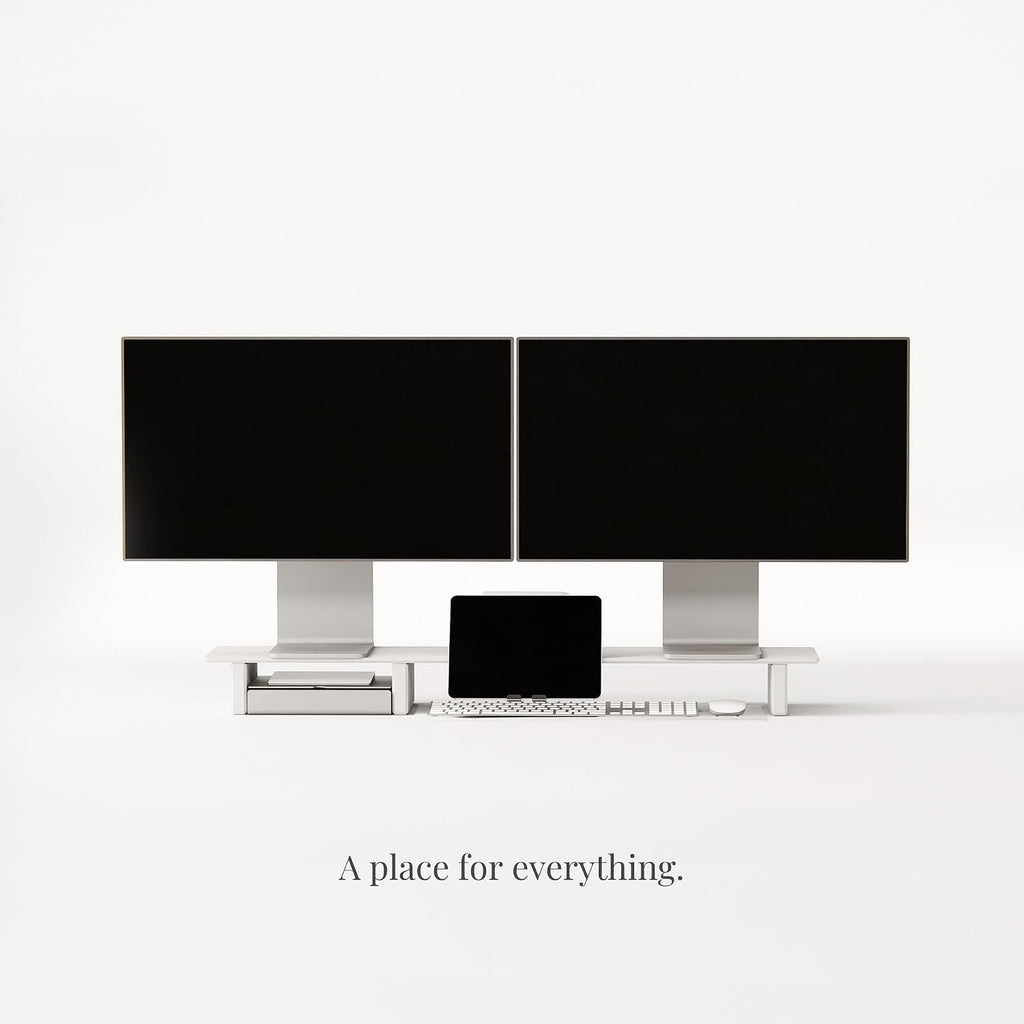 Raico Desk Cockpit Shelf Monitor Stand System Dual Screen Setup Wood Large Desk Accessory Organizer Unit (Matte White, Full Length v2 | 45.7 Inches)