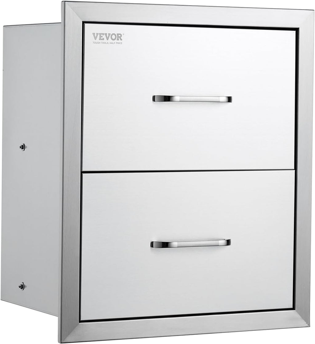 VEVOR Outdoor Kitchen Drawers, 17.8W x 20.2H x 12.2D Inch, Flush Mount Double BBQ Drawer, Stainless Steel BBQ Island with Handle, for Outdoor Kitchens or Patio Grill Station