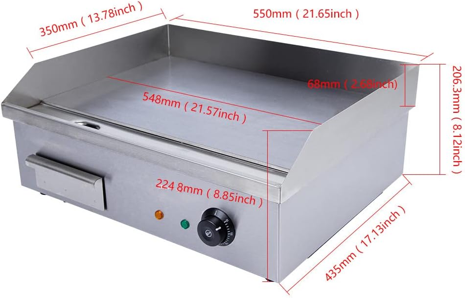 22Inch Electric Countertop Griddle - 3000W Commercial One-Piece Tabletop Flat Top Grill Stainless Steel Large Pan Griddle For BBQ Teppanyaki Cooking, Cooking Area: 22'x14', US Plug Included