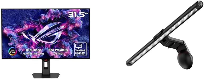 Bundle of ASUS ROG Strix 32' 4K OLED Gaming Monitor XG32UCWG TrueBlack Glossy OLED, Dual Mode, 0.03ms, G-SYNC + ASUS ROG Aura Monitor Light Bar ALB01 - Asymmetrical Lighting bar, 3 Modes, RGB Lighting