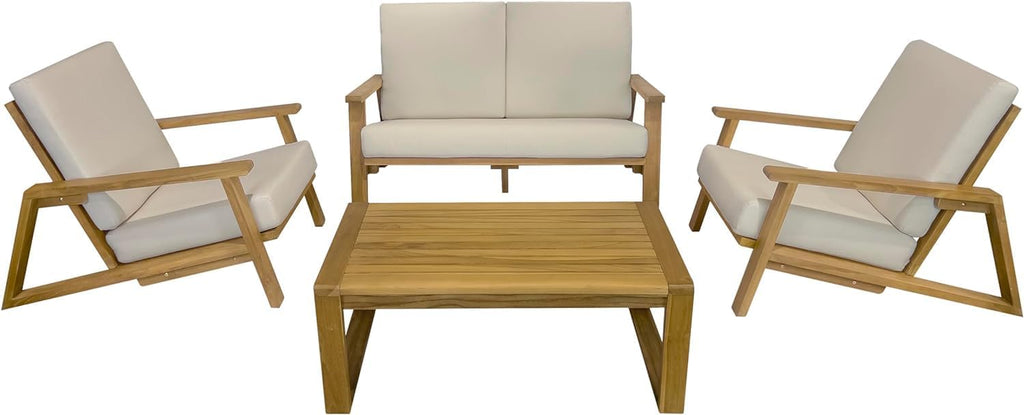 4-Piece Deep Seating Teak Wood Patio Furniture Set, Teak Wood Outdoor Conversation Sofa Set with Cushioned Loveseat, Armchairs and Coffee Table for Garden, Deck, Backyard