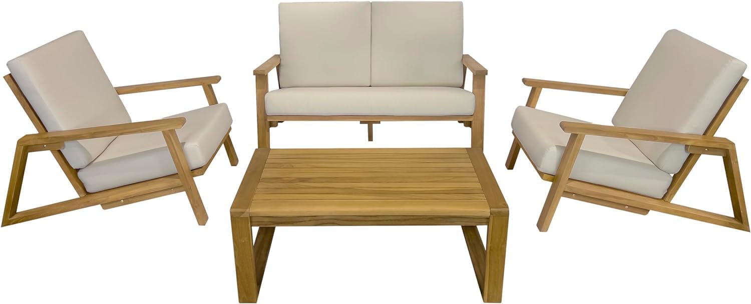 4-Piece Deep Seating Teak Wood Patio Furniture Set, Teak Wood Outdoor Conversation Sofa Set with Cushioned Loveseat, Armchairs and Coffee Table for Garden, Deck, Backyard