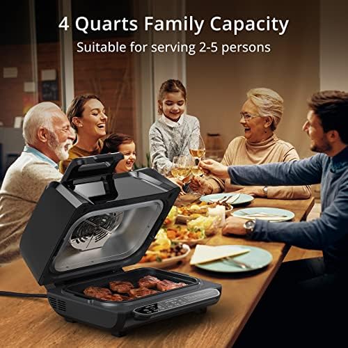 Indoor Grill Smokeless, Air Fryer Grill Combo with Adjustable Temperature to 450°F, Electric Grill with Viewing Window, Removable Nonstick Grate, Fast and Even Heating, 4Qt for Family, with Tongs