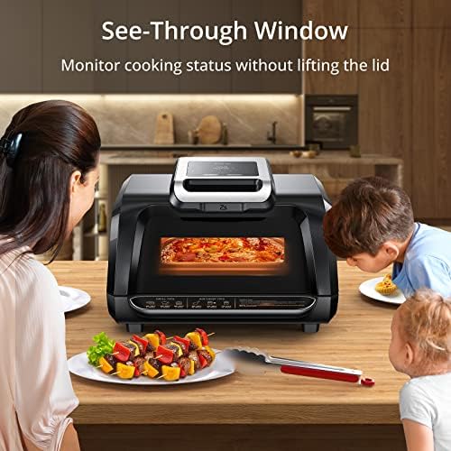 Indoor Grill Smokeless, Air Fryer Grill Combo with Adjustable Temperature to 450°F, Electric Grill with Viewing Window, Removable Nonstick Grate, Fast and Even Heating, 4Qt for Family, with Tongs