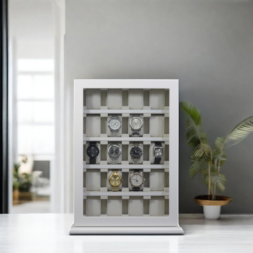 TIMELYBUYS 20 Piece White Wood Watch Display Wall Hanging Case and Storage Organizer Box and Stand for Oversized Watches