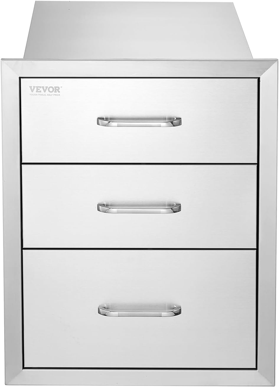 VEVOR 18x23 Inch Outdoor Kitchen Cabinets 18W x 20.5H x 23D Inch, BBQ Drawers Stainless Steel, Outdoor Kitchen Drawers Triple Access with Chrome Handle, BBQ Island Drawers, Grill Drawers Storage