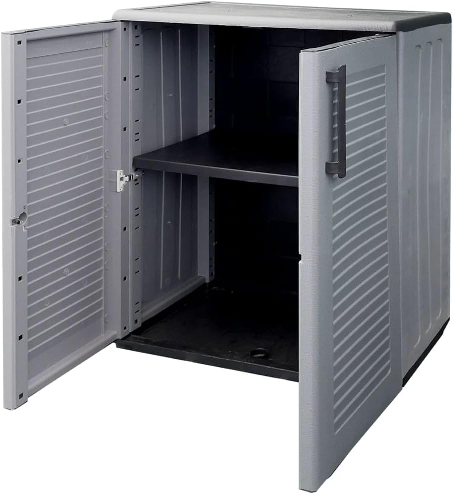 Garden Storage Cabinet, Gray and Black, 26.8'x14.6'x33.1' Weather-Resistant PP, Adjustable Shelves for Outdoor Patio Organization