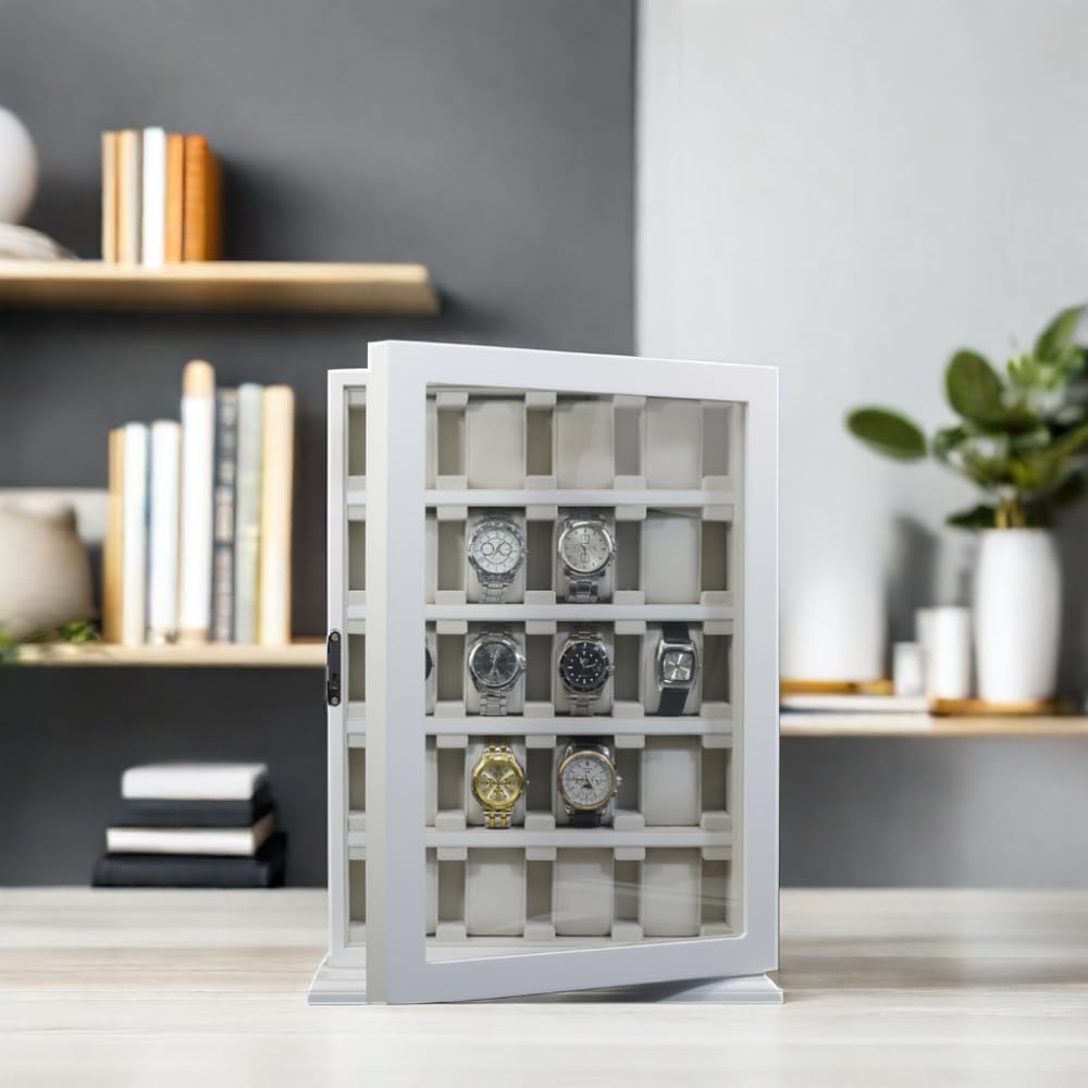 TIMELYBUYS 20 Piece White Wood Watch Display Wall Hanging Case and Storage Organizer Box and Stand for Oversized Watches
