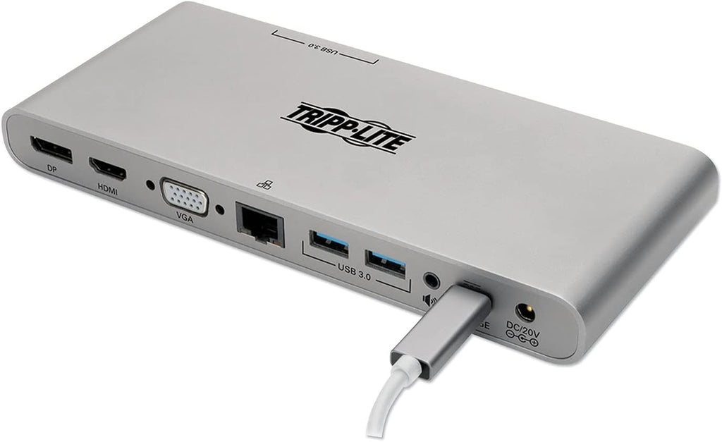 New! Tripp Lite USB C Docking Station w/ USB-A Hub, USB Type C, HDMI, VGA, DP, Gbe Gigabit Ethernet PD Charging 4K@ 30Hz, Portable, Thunderbolt 3 Silver (U442-DOCK4-S)