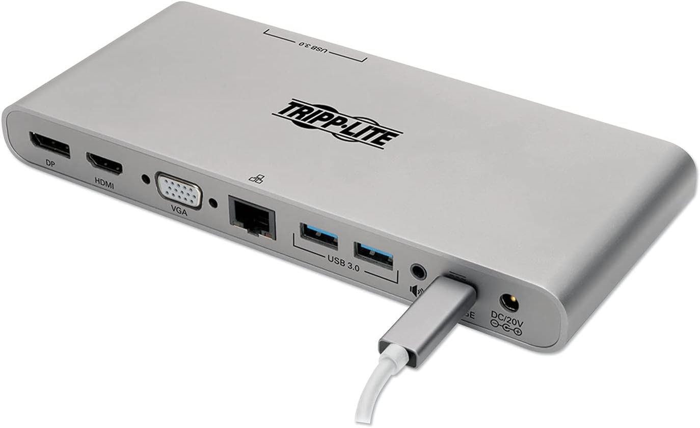 New! Tripp Lite USB C Docking Station w/ USB-A Hub, USB Type C, HDMI, VGA, DP, Gbe Gigabit Ethernet PD Charging 4K@ 30Hz, Portable, Thunderbolt 3 Silver (U442-DOCK4-S)
