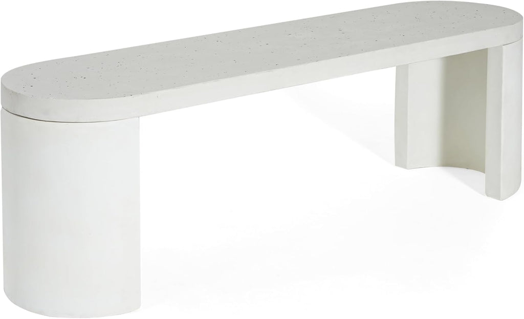 Christopher Knight Home Vicla 3 Pieces Durable Concrete Outdoor Dining Set with Stylish Terrazzo Finish, Patio Dining Table with 2 Benches, Oval Outdoor Patio Furniture Set with Pedestal Base, White