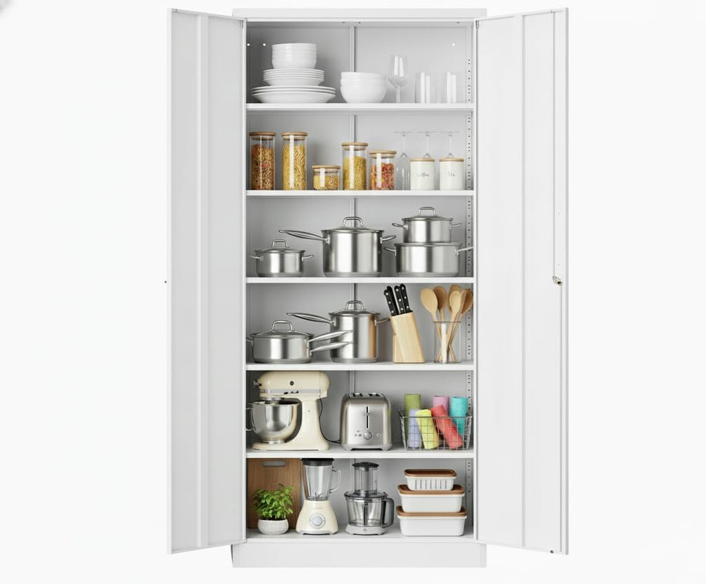 GarveeHome Storage Metal Cabinet 71' with Doors and Shelves Adjustable Adjustable Feet and Lock Tall Storage Cabinet for Pantry Garage Craft Bedroom Office