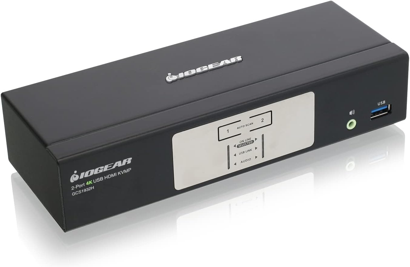 IOGEAR 2-Port HDMI 4K KVMP Switch - 2-Port USB 3.1 Hub Transfer Rate 5Gbps - 4K 60Hz - Control 2 Computers w/1 Keyboard Mouse - HD Audio - Auto Scan Mode - TAA - Mac / Win - GCS1932H