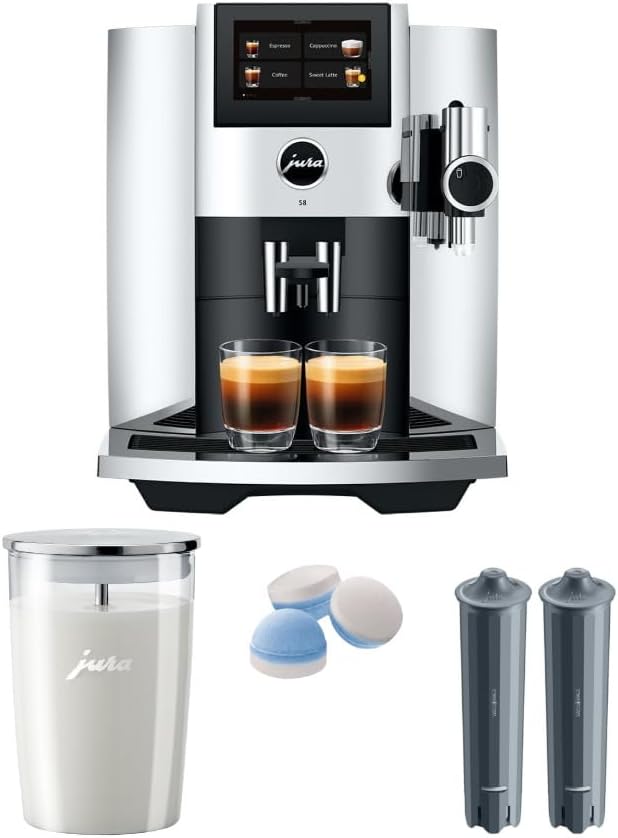 Jura S8 Automatic Coffee Machine with PEP (Chrome) Bundle with Milk Container, Smart Filter Cartridges (2-Pack) and Cleaning Tablets (5 Items)