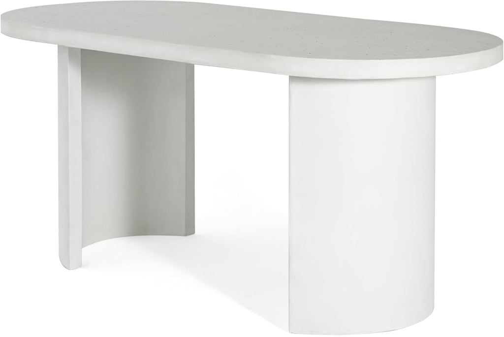 Christopher Knight Home Vicla 3 Pieces Durable Concrete Outdoor Dining Set with Stylish Terrazzo Finish, Patio Dining Table with 2 Benches, Oval Outdoor Patio Furniture Set with Pedestal Base, White