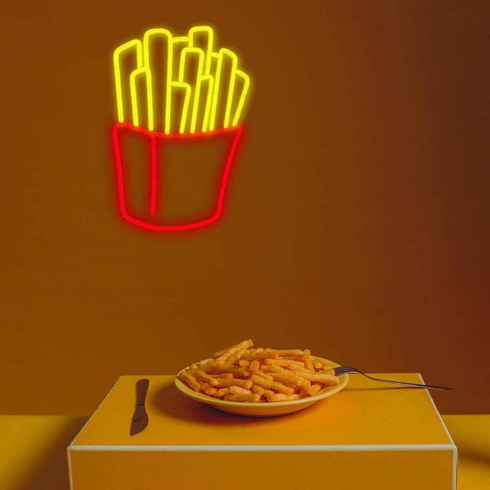French Fries Neon Sign 25 inches Led Light Signs Dimmable Fries Neon Signs for Wall Decor Neon Light Up Sign for Restaurant Shop Unique Business Fast Food Shop Bar Birthday Decor