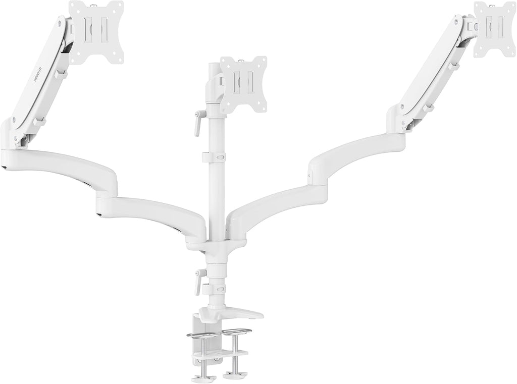 Mount-It! Triple Monitor Stand for Desk, 3 Arm Monitor Mount with Gas Spring Height Adjustment, Fits 13–32 Inch Screens up to 17.6 lbs per Arm, VESA 75x75 & 100x100, Clamp-On Desk Installation, White