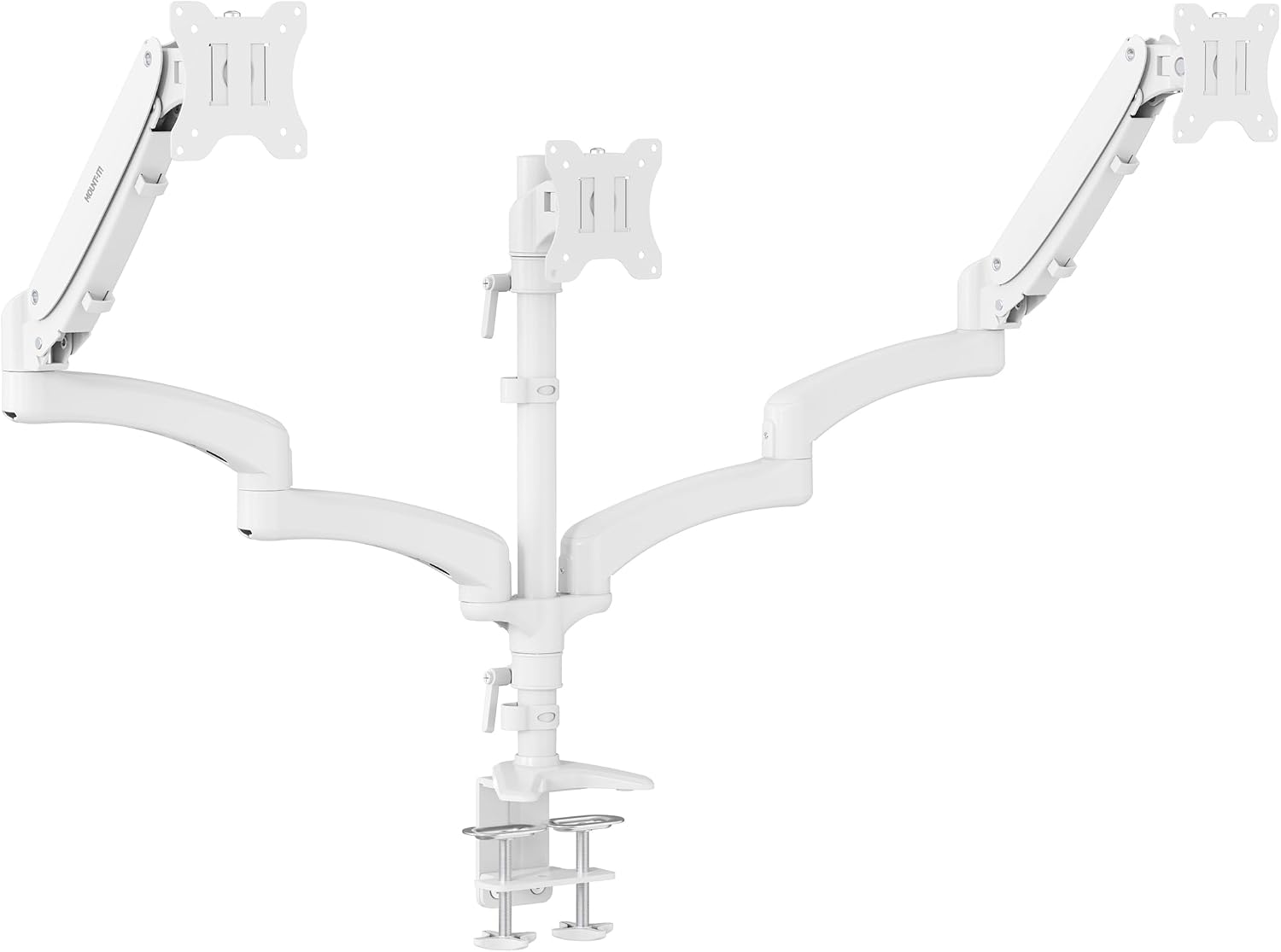 Mount-It! Triple Monitor Stand for Desk, 3 Arm Monitor Mount with Gas Spring Height Adjustment, Fits 13–32 Inch Screens up to 17.6 lbs per Arm, VESA 75x75 & 100x100, Clamp-On Desk Installation, White
