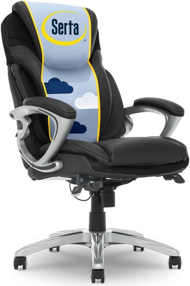 Serta Bryce Executive Office Chair, Ergonomic Computer Desk Chairs with Patented AIR Lumbar Support, Comfy Body Pillows, Height Adjustable, Swivel Base with Wheels, Bonded Leather, Black
