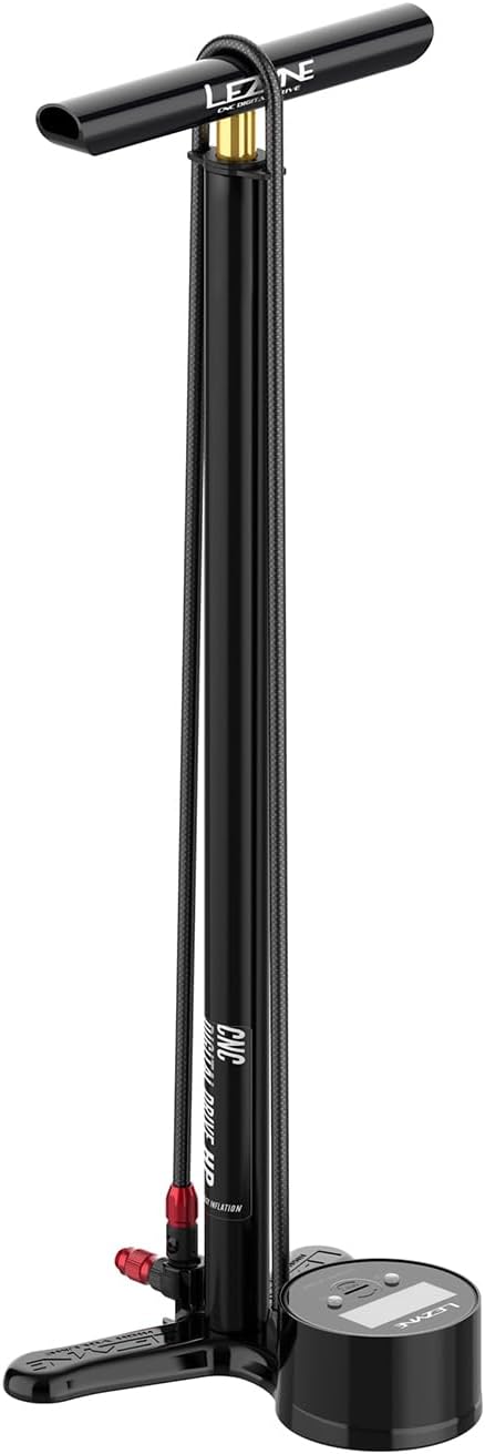 LEZYNE CNC Floor Drive 3.5 Bicycle Floor Pump with 3.5' Analog/Digital Gauge - CNC Machined Aluminum High Pressure 220PSI Tire Air Pump for Road/Track Bikes - ABS-1 Pro Chuck for Presta/Schrader Valve