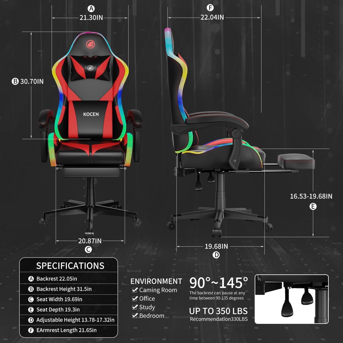 Gaming Chairs for Adults Tall and Kids，Lumbar Support,LED Lights，High Back Reclining Computer Chair with Headrest (Black+Red)