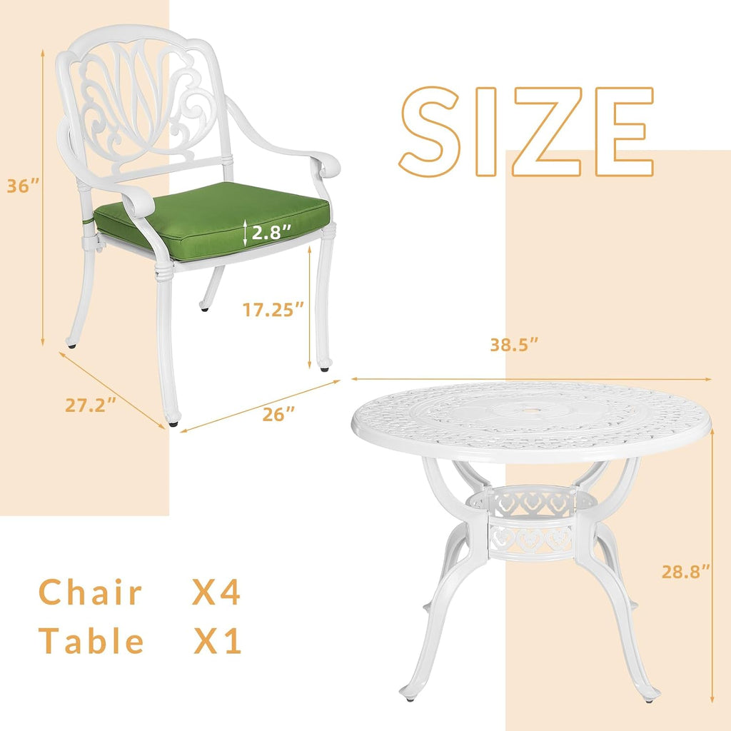5-Piece Outdoor Patio Dining Set, All-Weather Cast Aluminum Patio Furniture Set for Backyard Garden Deck with 4 Chairs, 4 Cushions and 38.5' Round Table, 2.2' Umbrella Hole, White