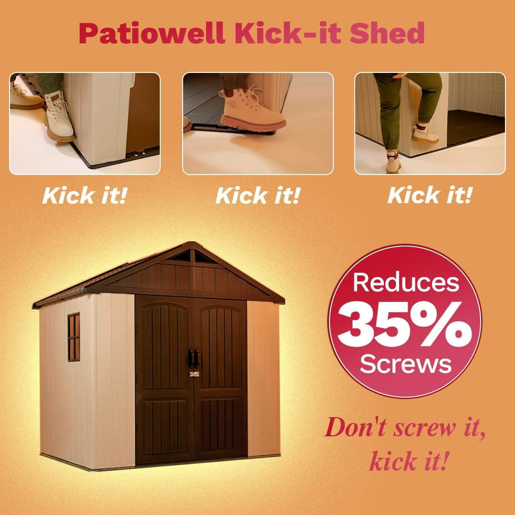 Patiowell 8 x 6 FT Plastic Outdoor Storage Shed with Floor, Resin Shed with Window and Lockable Door for Garden, Backyard, Tool Storage Use, Easy to Install in Beige (Kick-it Shed)