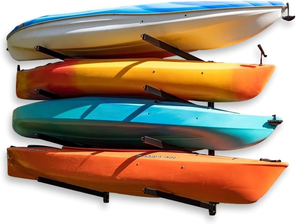 StoreYourBoard G-Kayak Wall Rack – Heavy-Duty Outdoor Kayak Rack for 4 Boats, Adjustable Storage Wall Mount Hanger, Space-Saving Outdoor Storage for Kayak Wall Mount - Holds 400 lbs - Silver