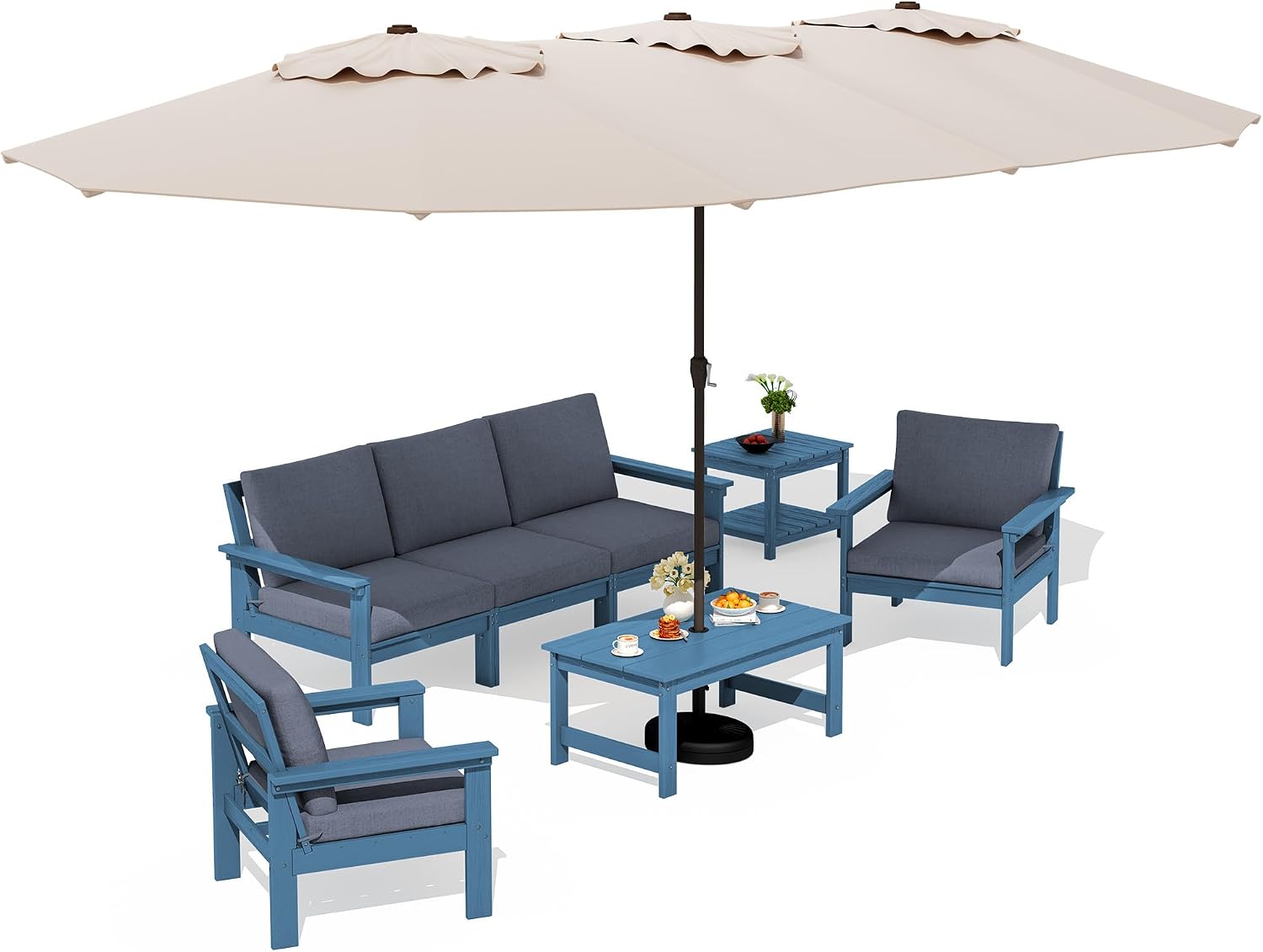 SERWALL HDPE Patio Furniture Set with 15FT Patio Umbrella, 7-piece Outdoor Sectional Sofa Set, All Weather Patio Couch Set for Deck, Blue & Grey(Umbreall Base not Included)