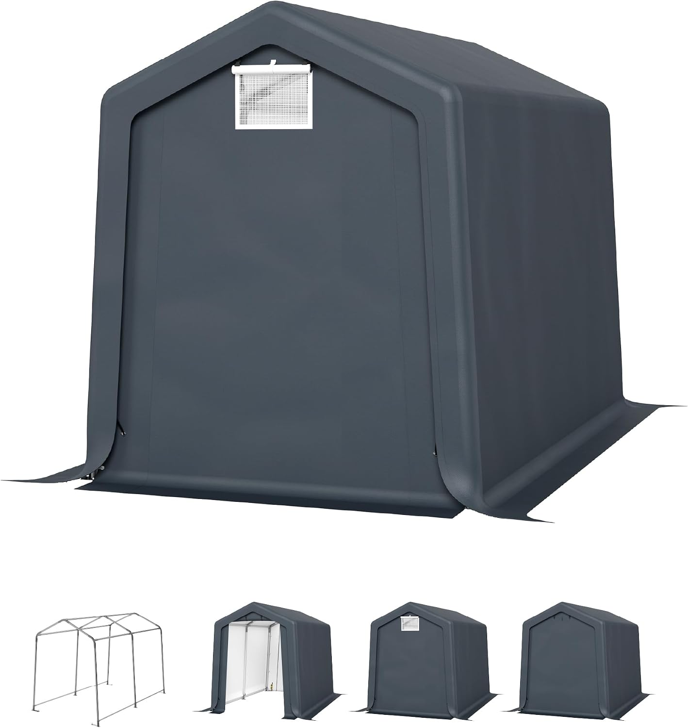 PHI VILLA 6x10ft Storage Shelter Shed, Portable Carports Outdoor Garage Canopy with Roll up Zipper Doors & Vents Waterproof UV Resistant Garages Tent for Cars,Boats,Tools, Motorcycle, Gray