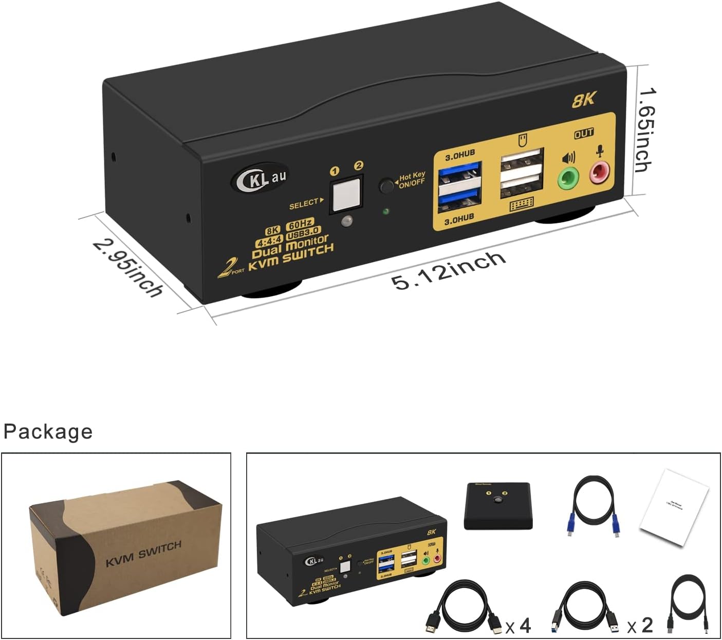 2 Port USB 3.0 Dual Monitor HDMI KVM Switch 8K@60Hz 4K@144Hz with Audio Output and Cables Support HDMI 2.1, HDCP, HDR