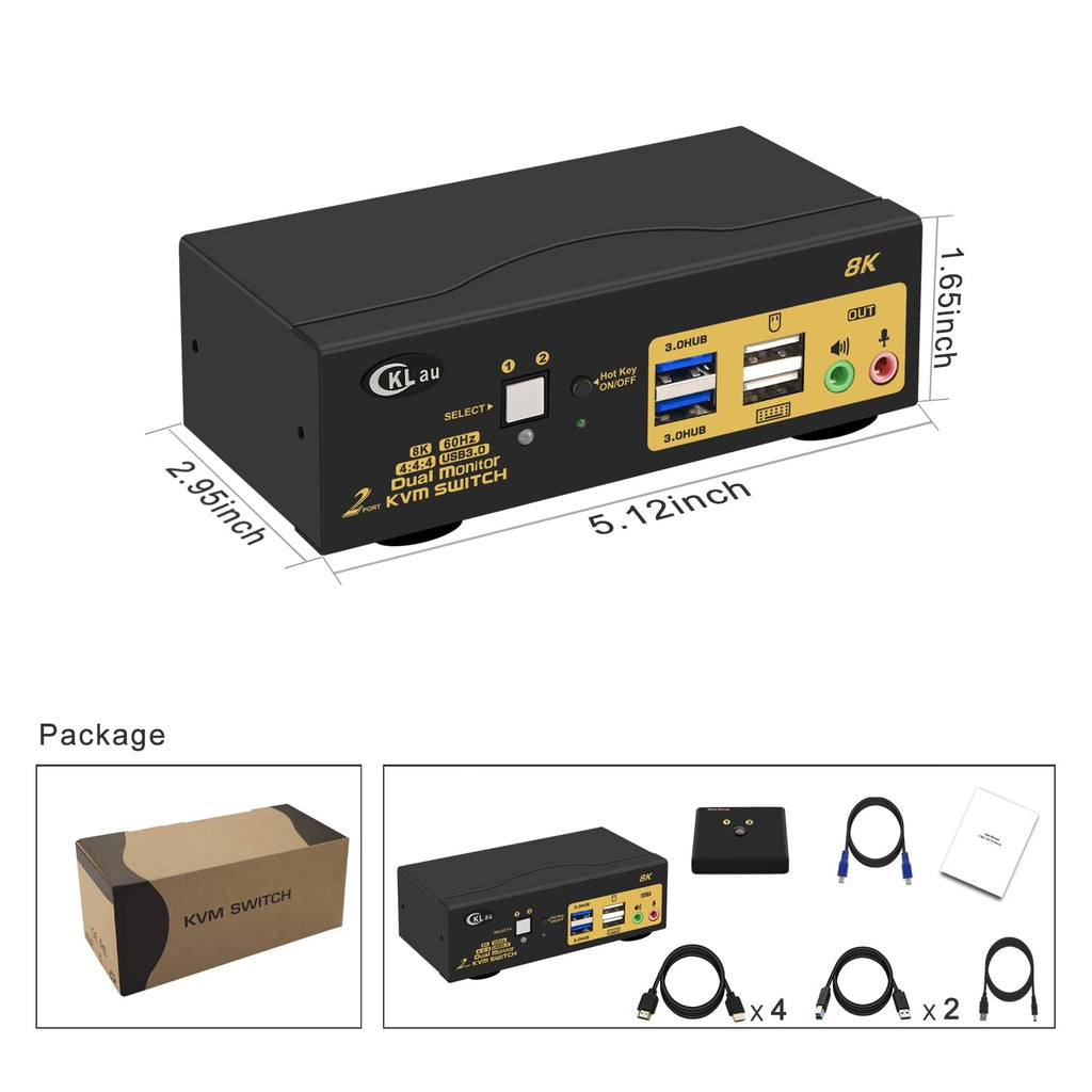 2 Port 8K60Hz 4K144Hz Dual Monitor KVM Switch HDMI with Cables, Audio, Microphone, 2 pcs USB 3.0 Peripheral Hub for Keyboard Mouse 2 Computers Sharing 2 Monitors