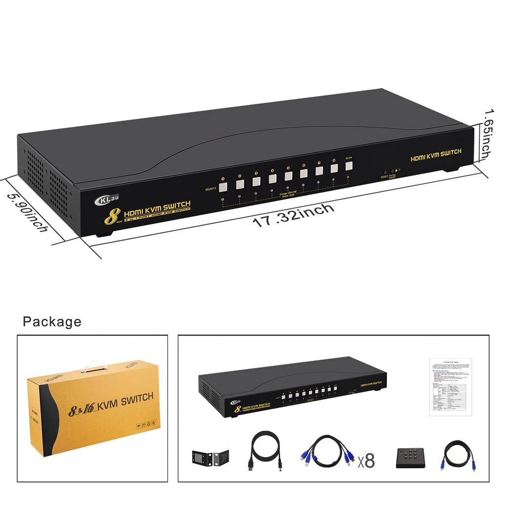 4Kx2K 8 Port HDMI KVM Switch with Cables and USB 2.0 Hub, Rack Mount KVM Switch Supports Keyboard Mouse Switching for Windows, Linux, Mac, Debian, Ubuntu, Fedora, Raspberry Pi and Ubuntu