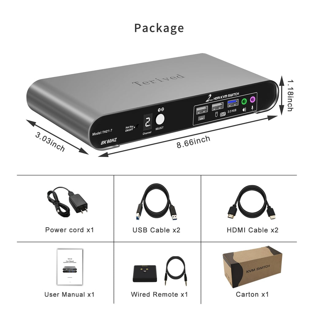 2 Computers 1 HDMI Monitor Automatic KVM Switch 8K@60Hz, Hotkey Switching, EDID, Support 5.1/7.1 Audio and Microphone, Aluminum Shell with Digital Display, USB 3.0 Hub, HDR10 with Cables