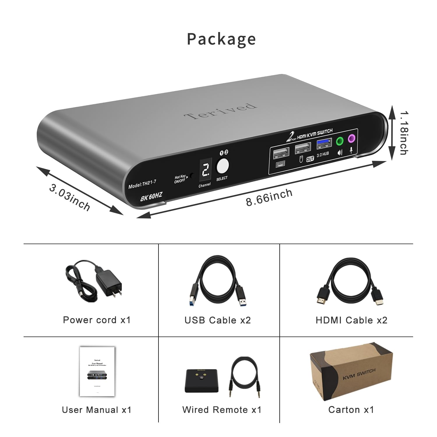 2 Computers 1 HDMI Monitor Automatic KVM Switch 8K@60Hz, Hotkey Switching, EDID, Support 5.1/7.1 Audio and Microphone, Aluminum Shell with Digital Display, USB 3.0 Hub, HDR10 with Cables