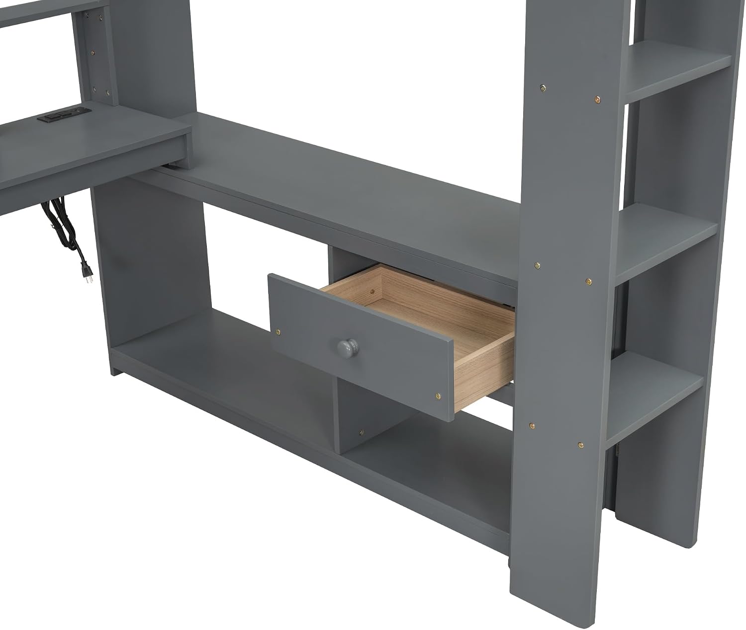 Merax Loft Bed Full Size with Gaming Desk, Mulfunctional Wood Loft Bed with Storage Shelves, Drawer and Charging Station, for Teens Adults (Dark Grey)