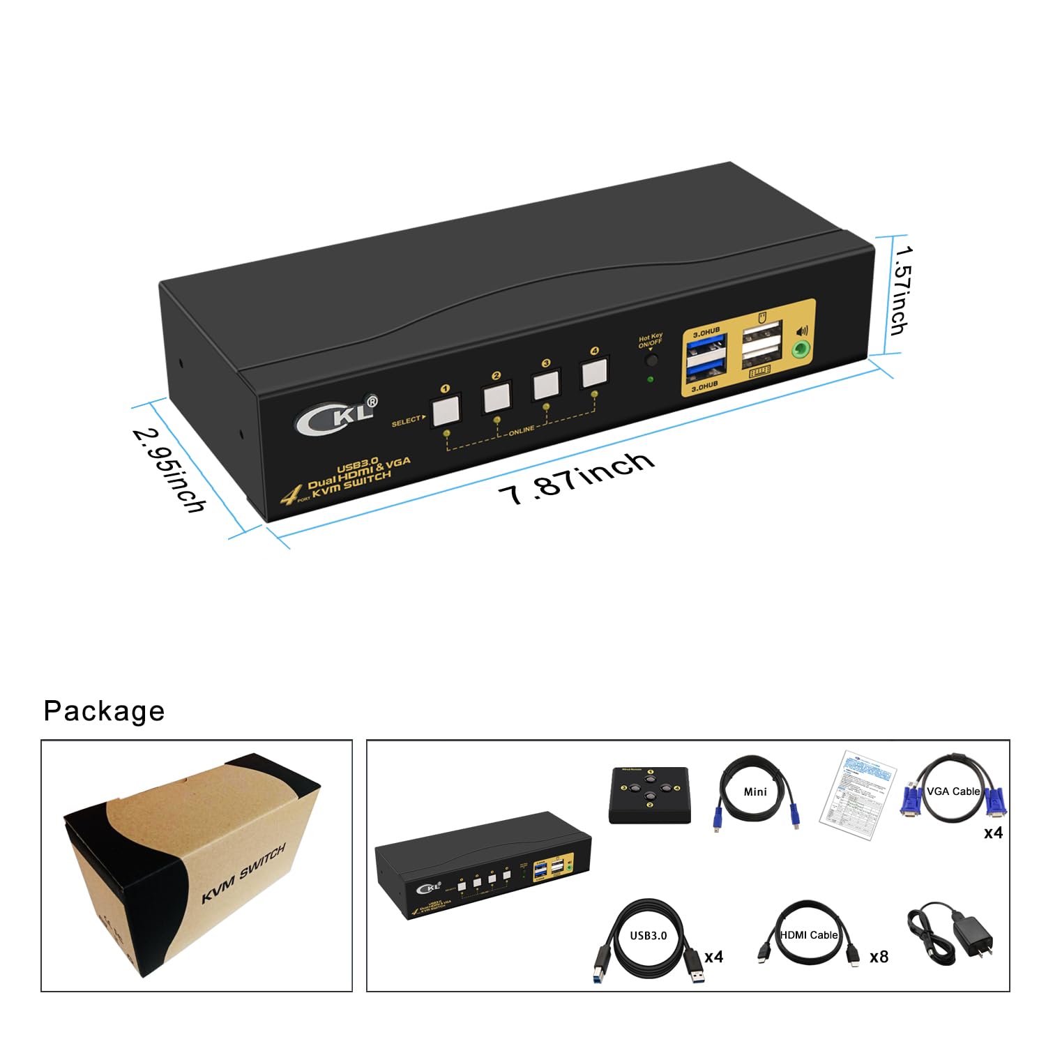 KVM Switch Dual Monitor 4K@60Hz HDMI + VGA for Home and Office to Console Desktops/Laptops, Support USB 3.0, Hot Key, Audio, Wireless Keyboard and Mouse (2 Monitors 4 Computers 942HV-3)