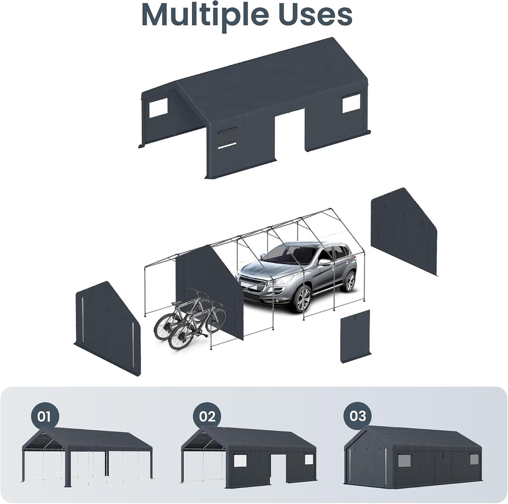 PHI VILLA 13X24ft Carport, Portable Carports Outdoor Storage Shelter Shed Garage Canopy with Roll up Zipper Doors & Vents Waterproof UV Resistant Garages Tent for Cars,Boats,Tools, Motorcycle, Gray