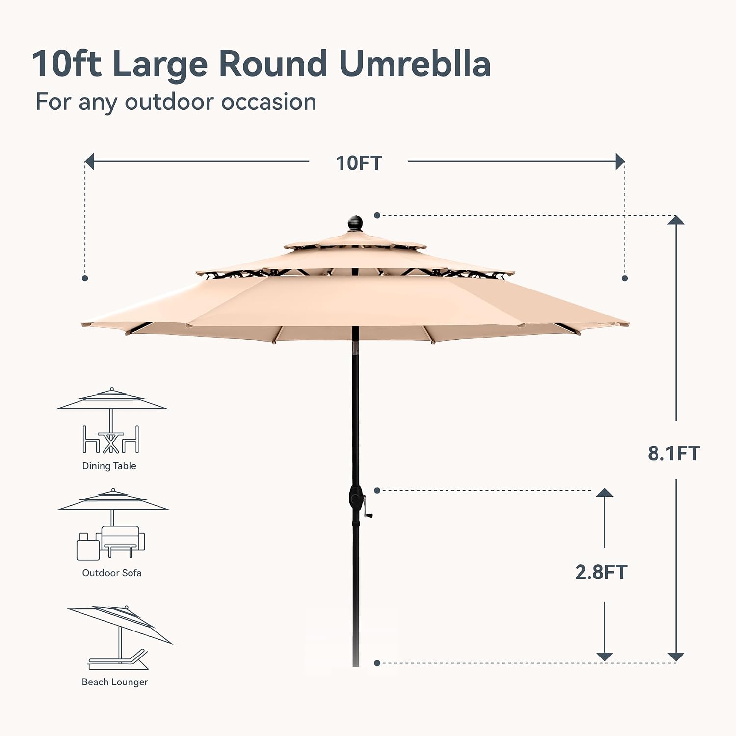 PHI VILLA Outdoor Patio Dining Set for 4 with 10ft 3-Layer Auto-tilt Round Umbrella(Beige),Includes 4 Outdoor Swivel Chairs with Cushions and a Metal Square Table, Perfect for Garden, Lawn, or Deck