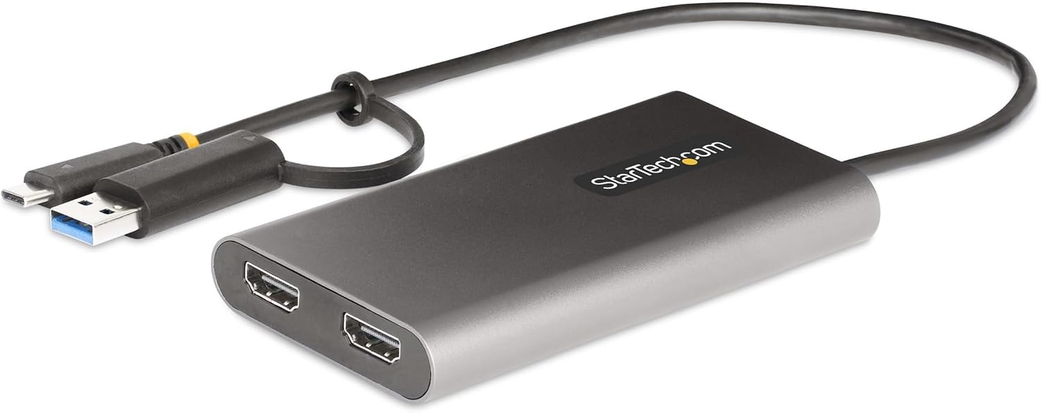 StarTech.com USB-C to Dual-HDMI Adapter, USB-C/A to 2X HDMI Converter, 4K 60Hz, 100W PD Pass-Through, Win/Mac, TAA