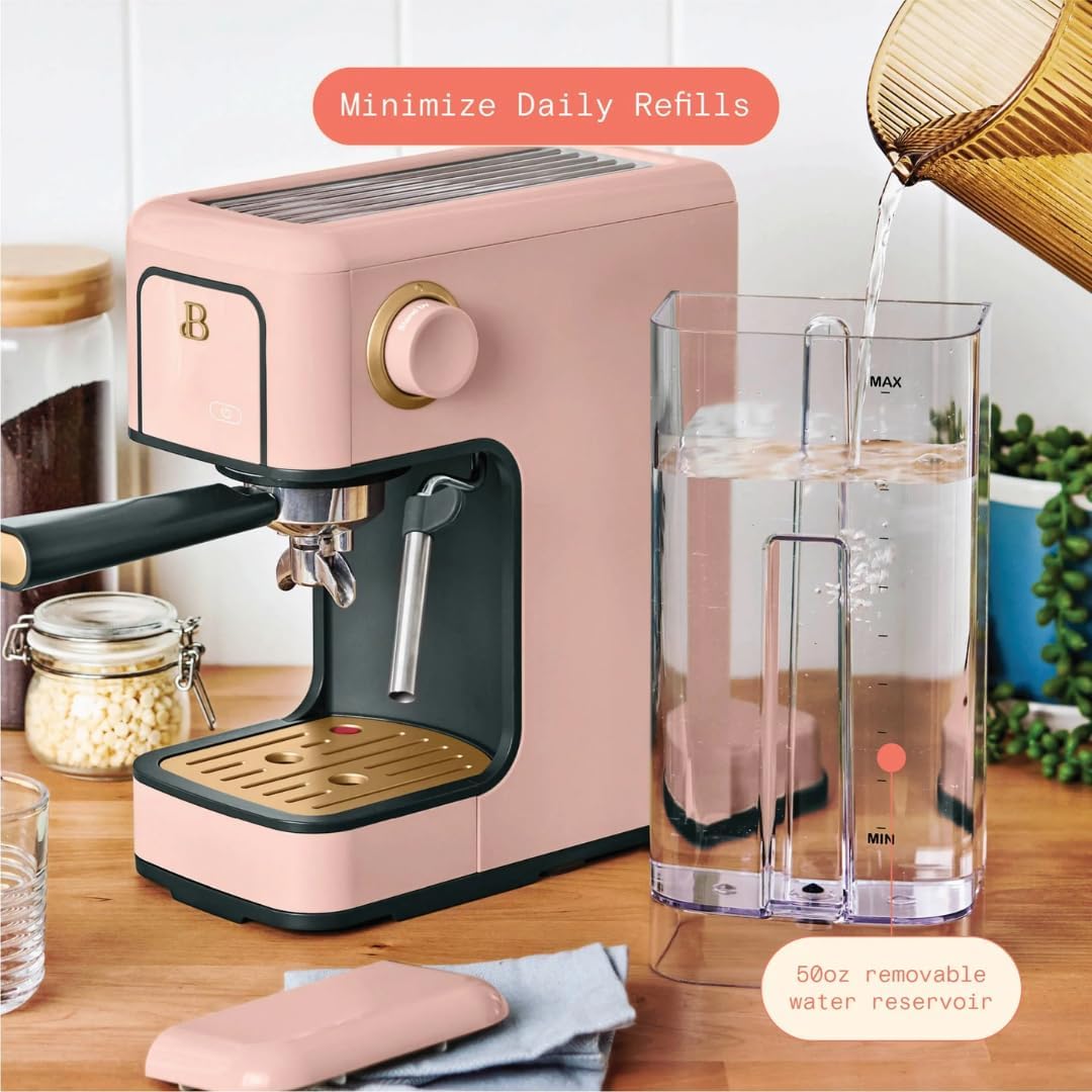 Slim Espresso Maker – 20‑Bar Pressure, Dual‑Spout 52 mm Portafilter, 50 oz Removable Tank, 2‑in‑1 Steam Wand & Touch Controls (Rose)