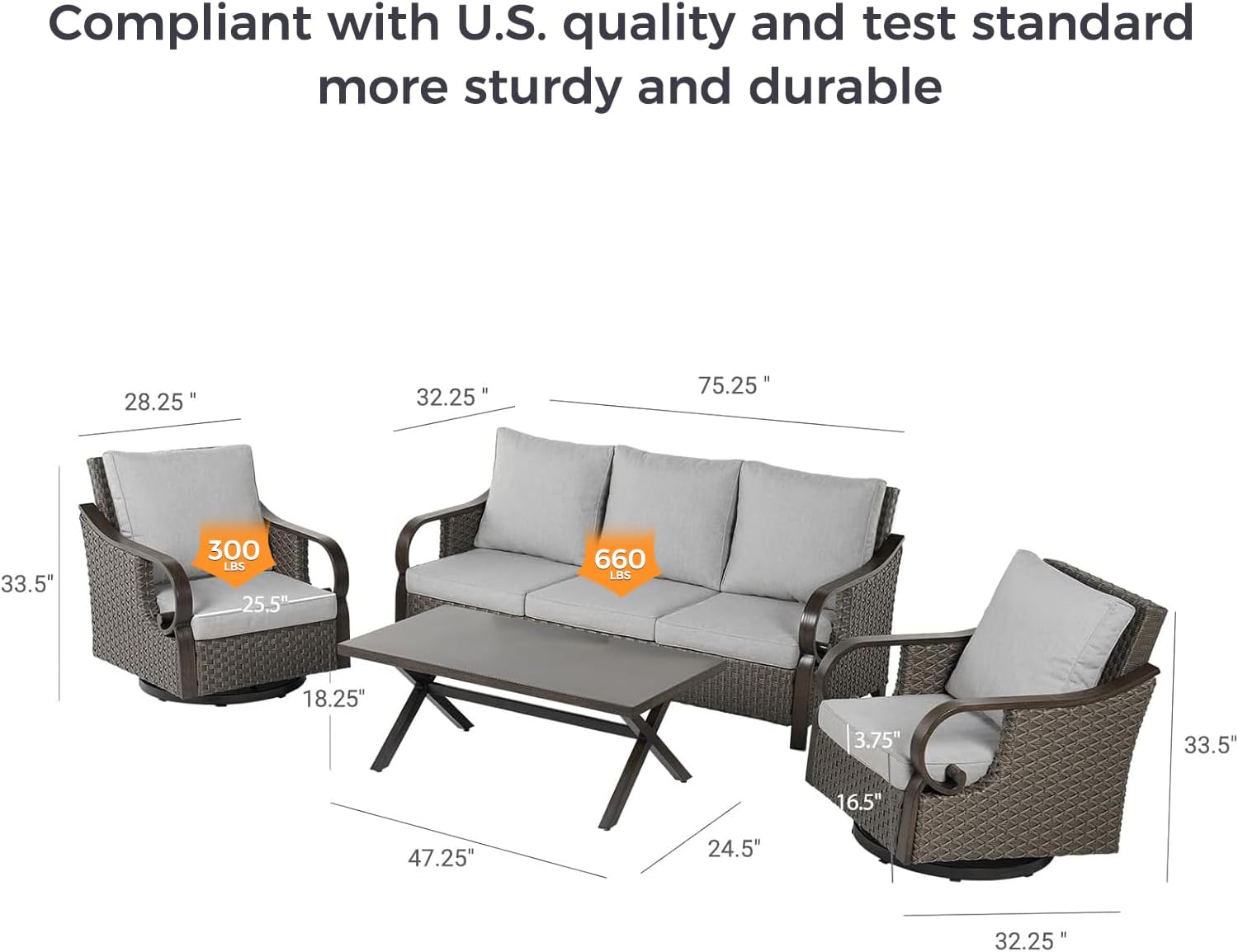 Grand Patio 4-Piece Outdoor Patio Furniture Set - Rocking Conversation Swivel Chairs, Coffee Table - Wicker Furniture with Woodgrain Finish Frame, Ponce Harbor Dark Brown