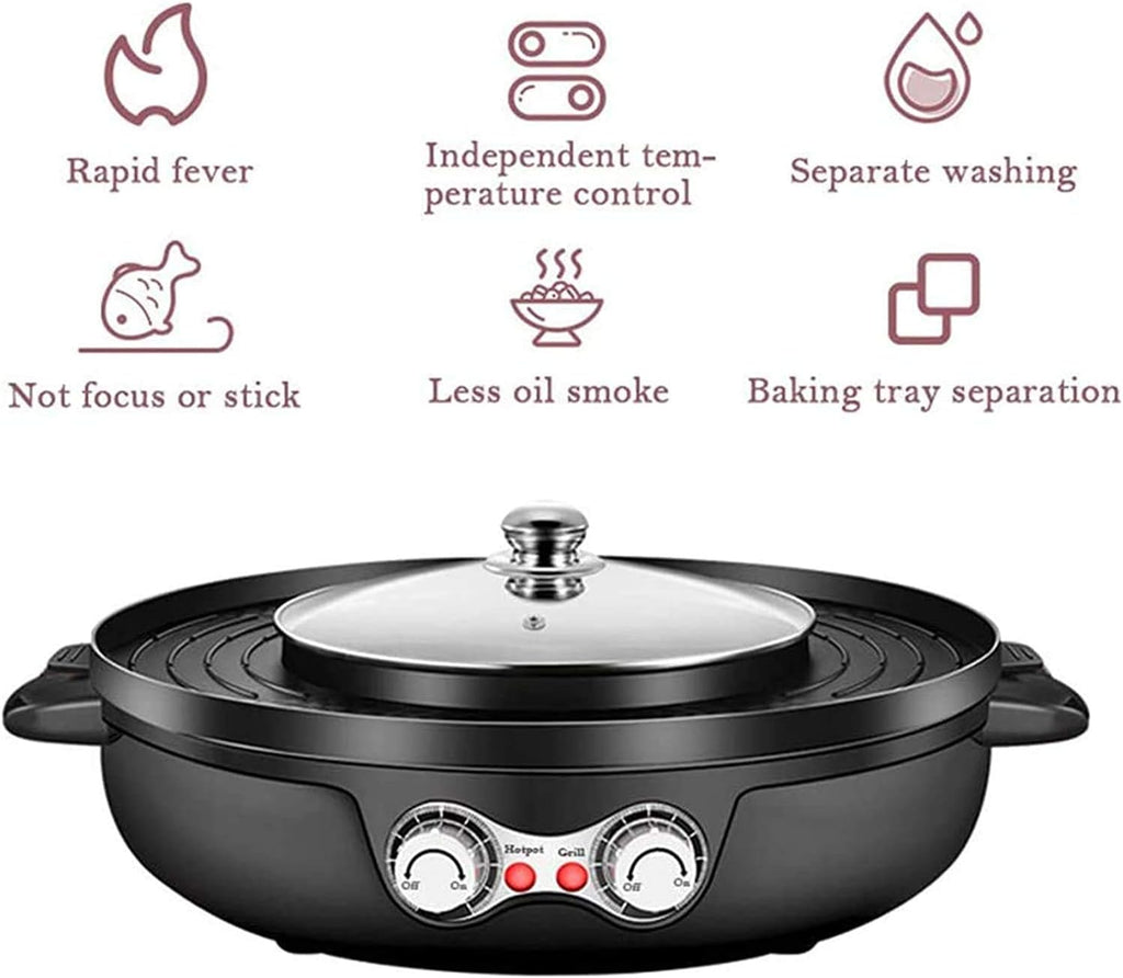 Electric Grill Hot Pot,Smokeless Barbecue Machine,Non-Stick Multi-Purpose Shabu Pot with Divider,Separate Dual Temperature Contral,Black (Color : Red)