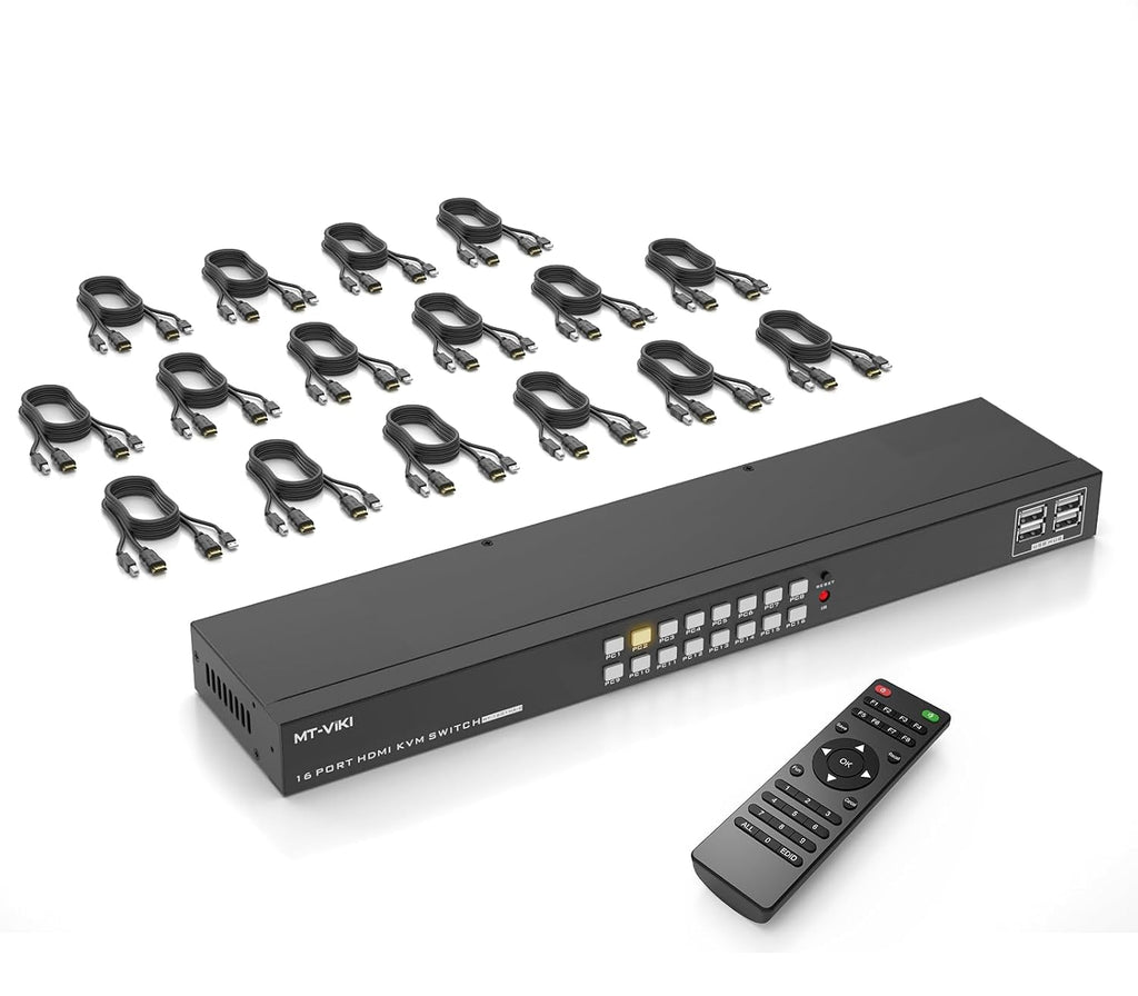 MT-VIKI 4K 16 Port KVM Switch HDMI, 4K@30Hz Rack Mount KVM Console w/16 Cables + 4 USB 2.0 Devices + Remote, Support EDID Storage, HDMI 1.4, HDCP 1.4 for 16 Computers/Servers, Fit 1U 19'' Rack