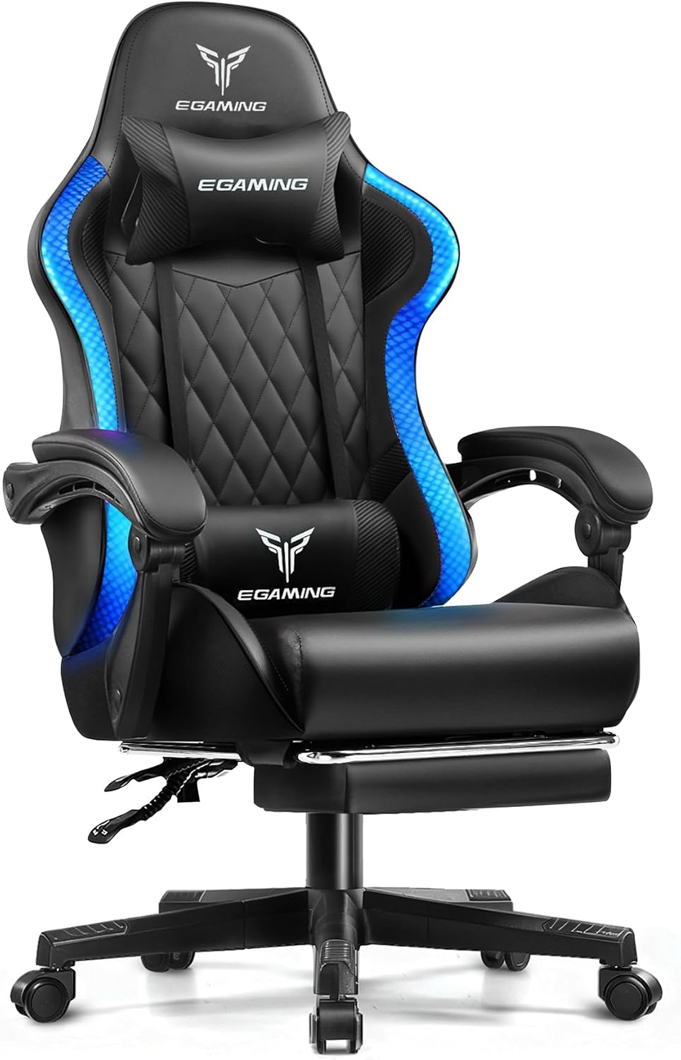 EXRACING Gaming Chair with Footrest Ergonomic High-Back PU Leather Computer Chair with RGB LED Lights Linkage Armrests Lumbar Support and Headrest 150°Reclining Diamond Quilted Office Chair for Adults